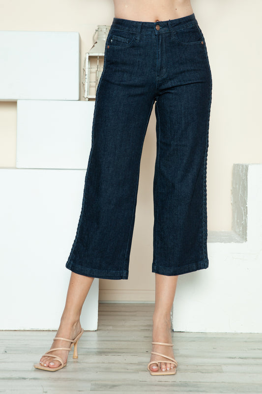 Judy Blue Madison Side Seam Braid Detail Crop Wide Leg Jeans