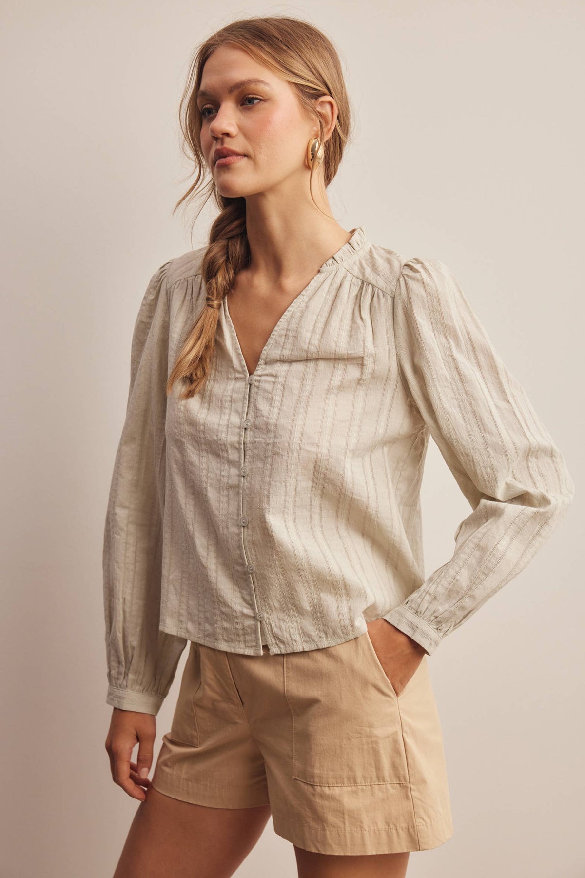 Cool Sage 100% Cotton V Neck Blouse