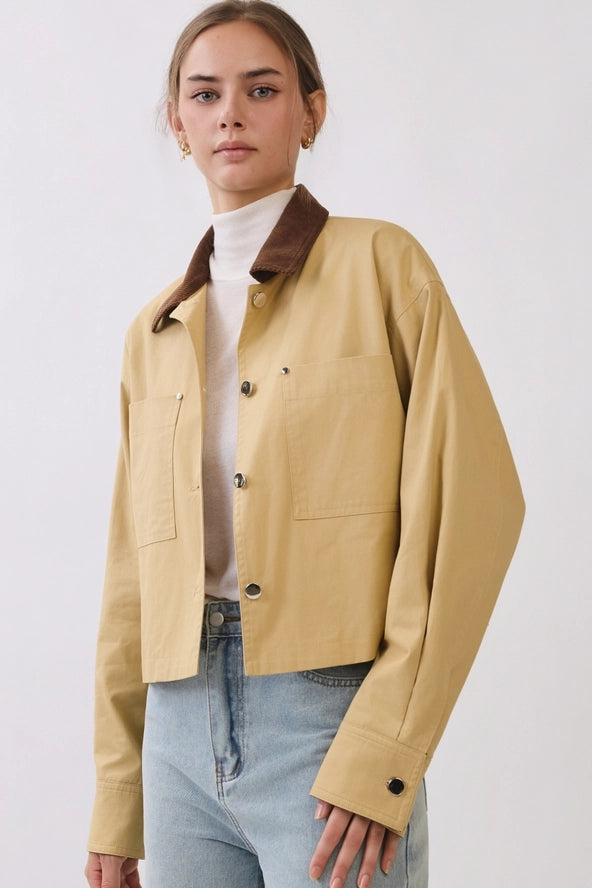 Cotton Barn Jacket with Contrast Corduroy Collar