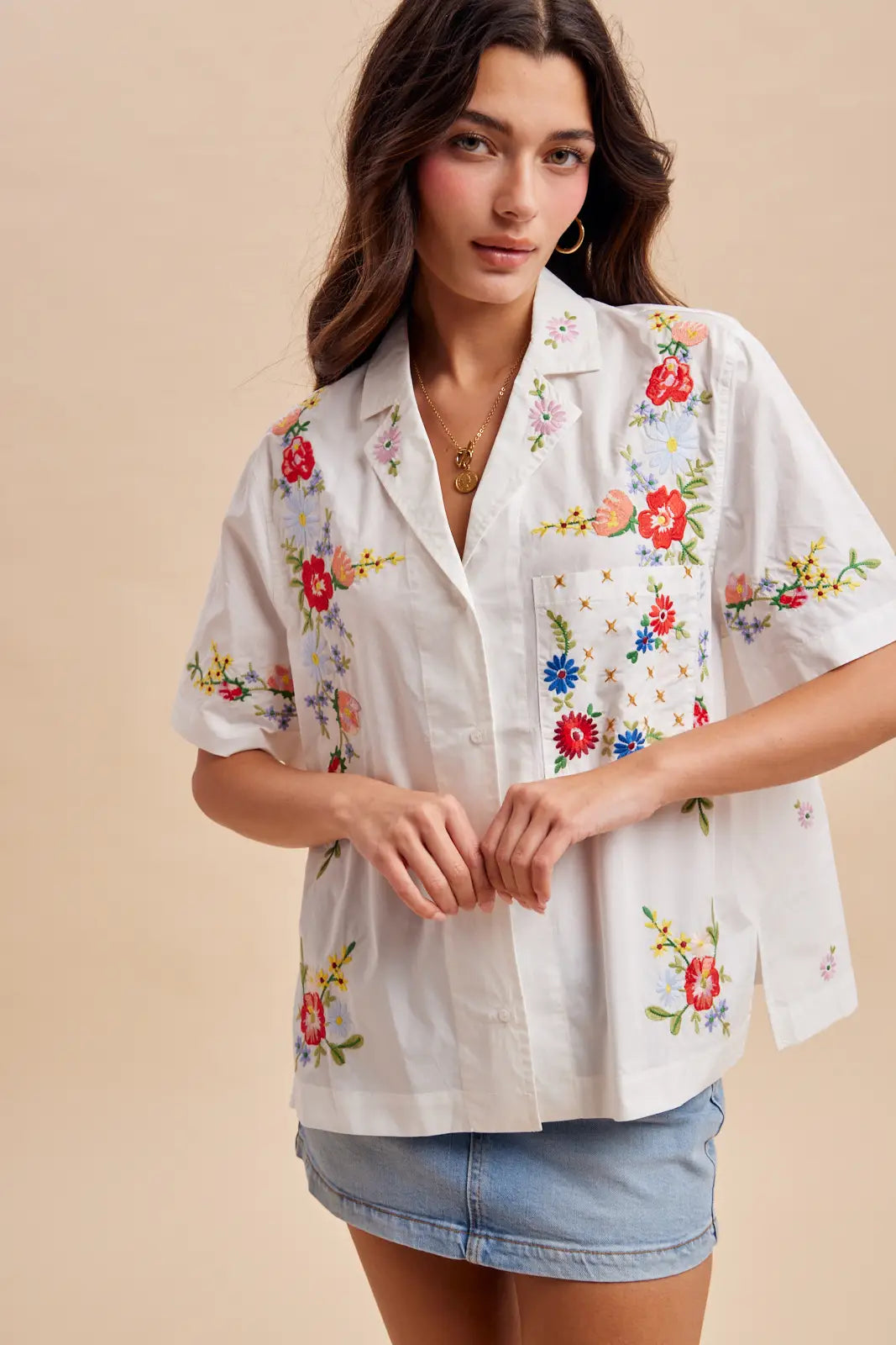 Sonoma Embroidered Cotton Blend Button Up Blouse
