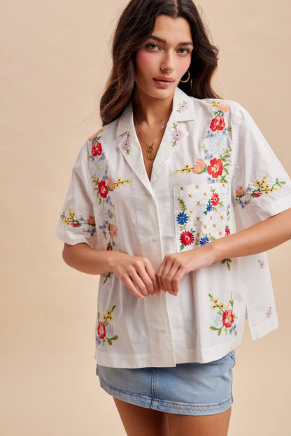 Sonoma Embroidered Cotton Blend Button Up Blouse