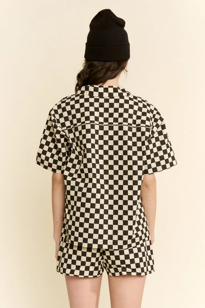 Final Lap 100% Cotton Checkerboard Camp Collar Button Up Shirt