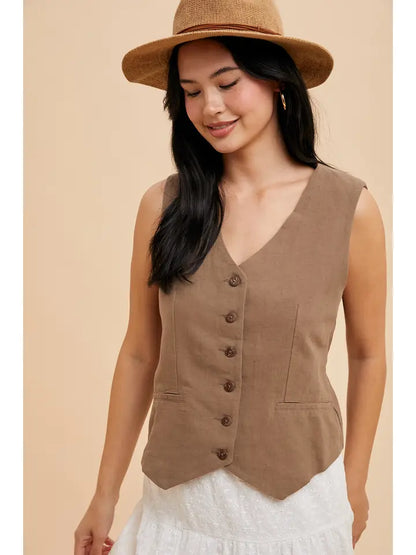 Napa Cotton Linen Blend Button Up Vest