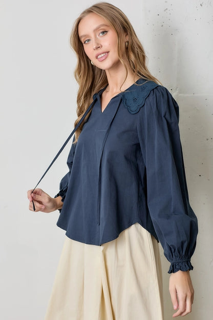 Silent Night Lace Collar Cotton Long Sleeve Blouse