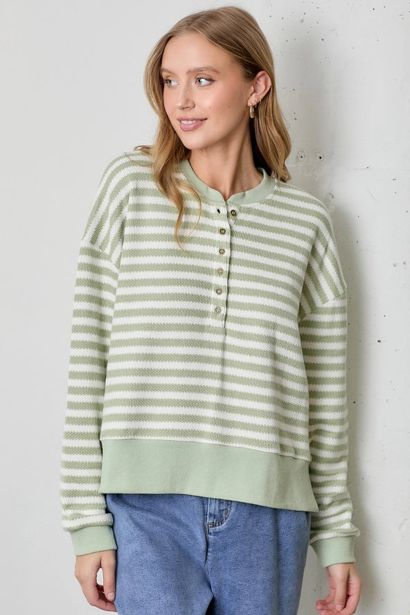 Soft Shades Green Striped Cotton Blend Henley Long Sleeve Top