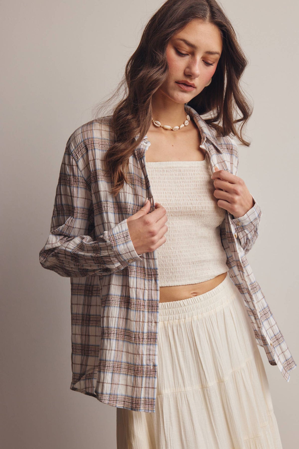 Toasted Marshmallow 100% Cotton Lightweight Plaid Button Up