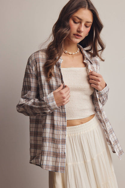 Toasted Marshmallow 100% Cotton Lightweight Plaid Button Up