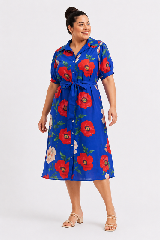 Poppy Fields Tie Waist Midi Shirt Dress