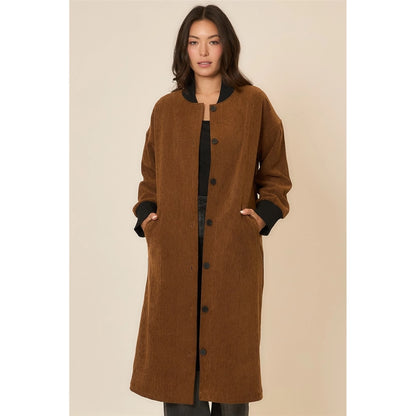 Chicago Corduroy Button Up Long Coat with Contrast Collar