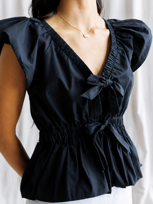 Noir 100% Cotton Cap Sleeve Peplum Tie Front Blouse