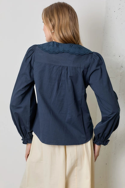 Silent Night Lace Collar Cotton Long Sleeve Blouse