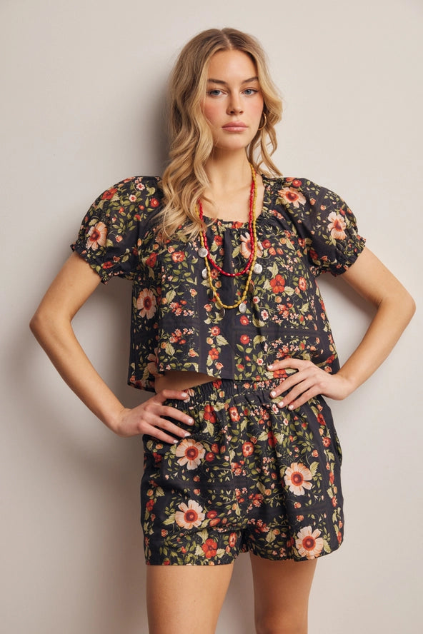 Secret Garden Cotton Puff Sleeve Top + Shorts Set