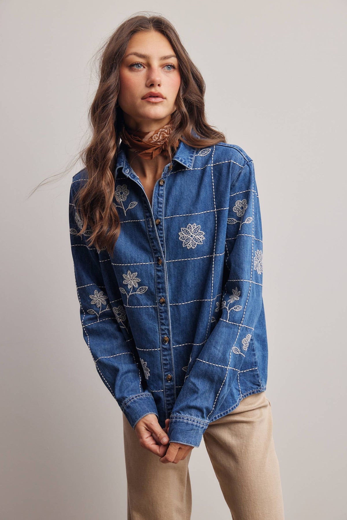 Wildflower 100% Cotton Stitched Denim Button Down