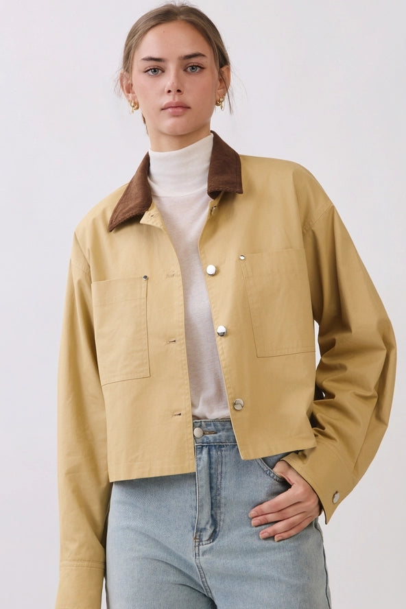 Cotton Barn Jacket with Contrast Corduroy Collar