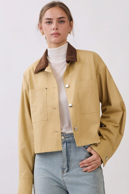Cotton Barn Jacket with Contrast Corduroy Collar