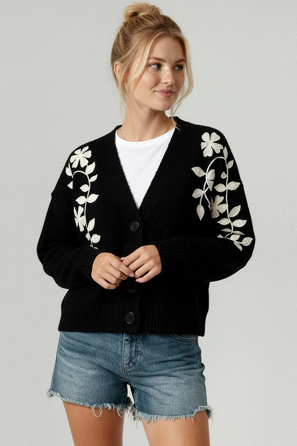 Winter Flower Button Up Floral Applique Cardigan