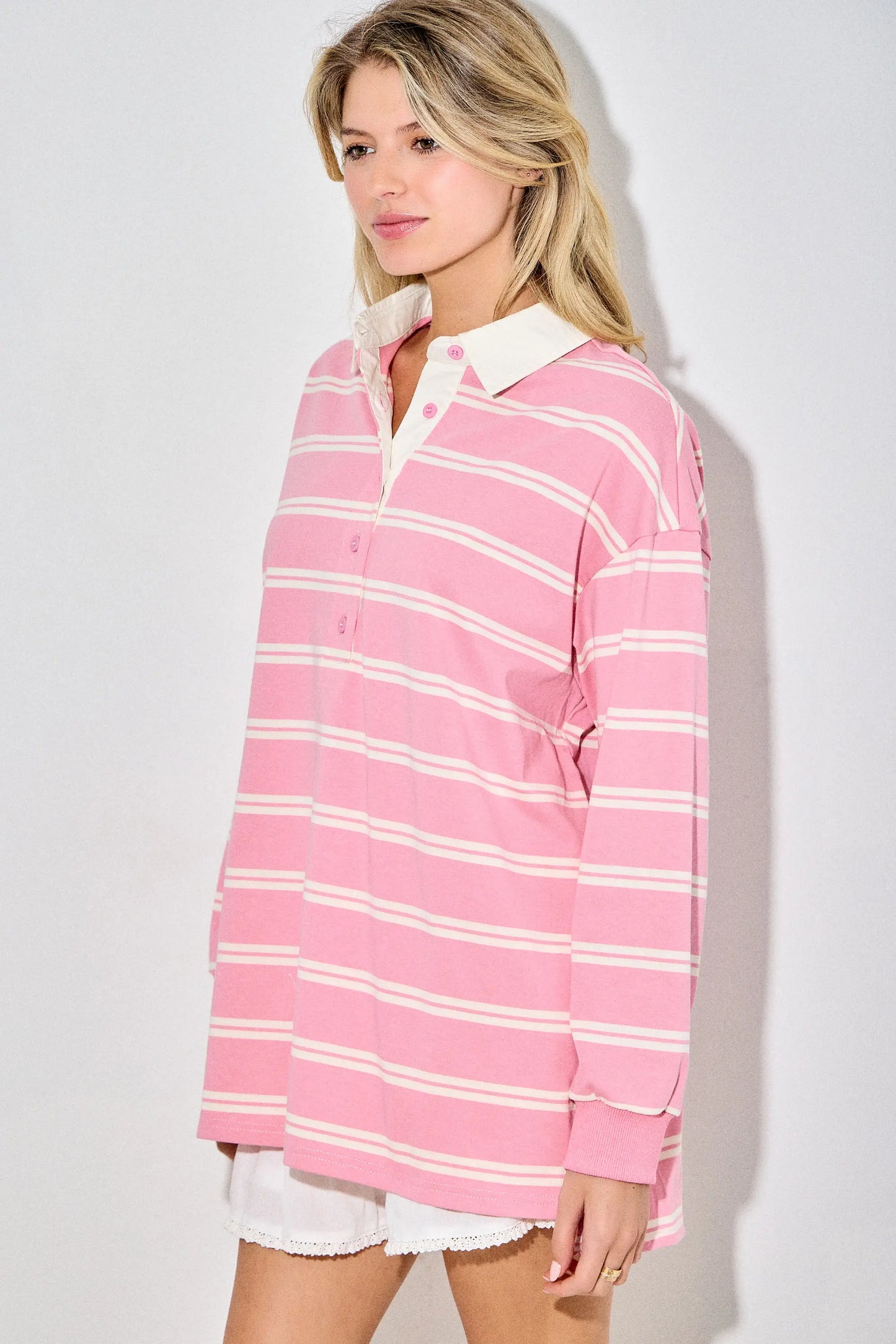 Preppy Pink Collared Oversized Rugby Shirt