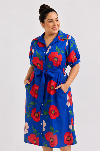 Poppy Fields Tie Waist Midi Shirt Dress