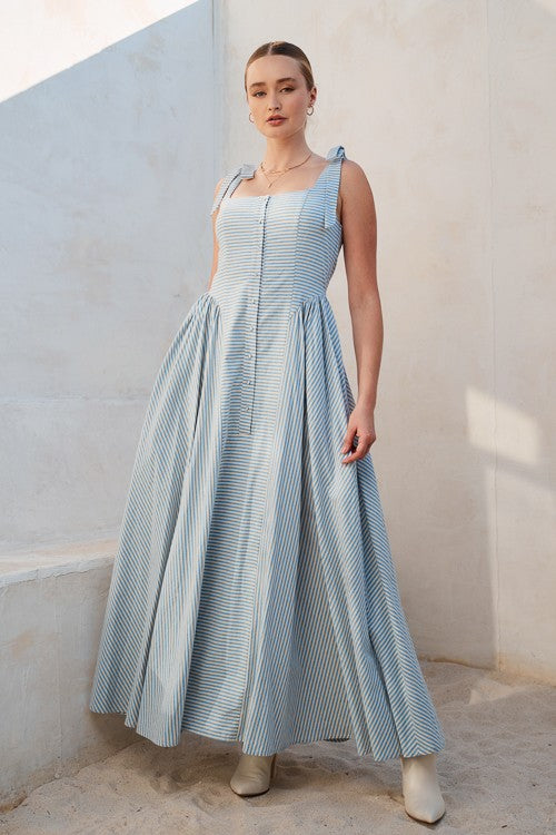 Mama Mia 100% Cotton Stripe Basque Waist Maxi Dress