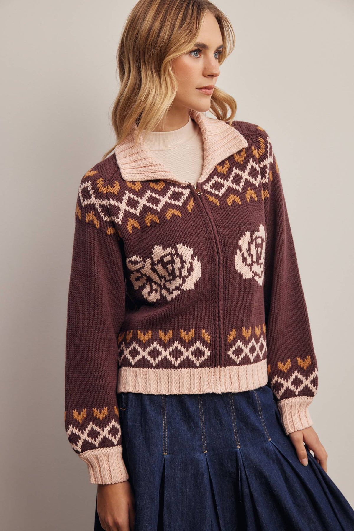 Fraulein Cotton Blend Floral Fair Isle Zip Cardigan Sweater