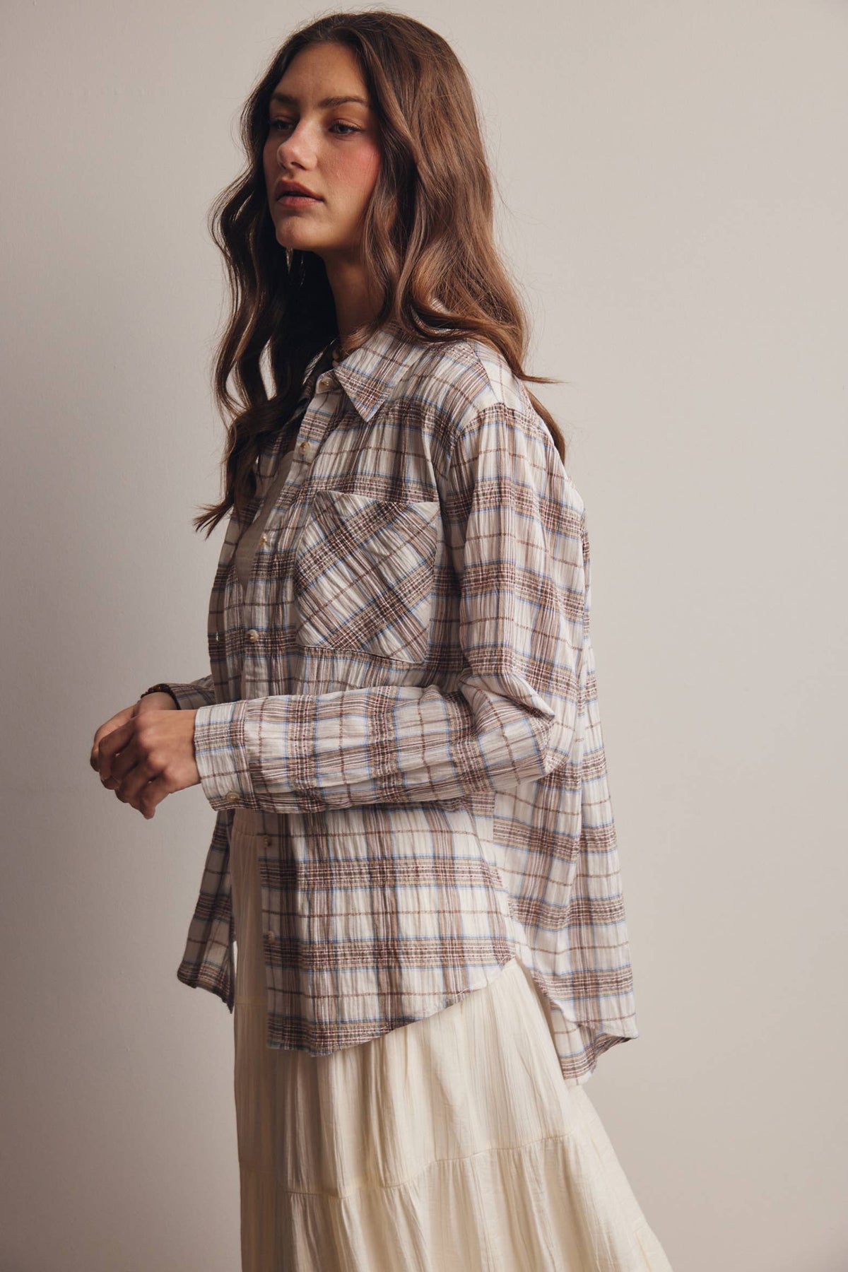 Toasted Marshmallow 100% Cotton Lightweight Plaid Button Up