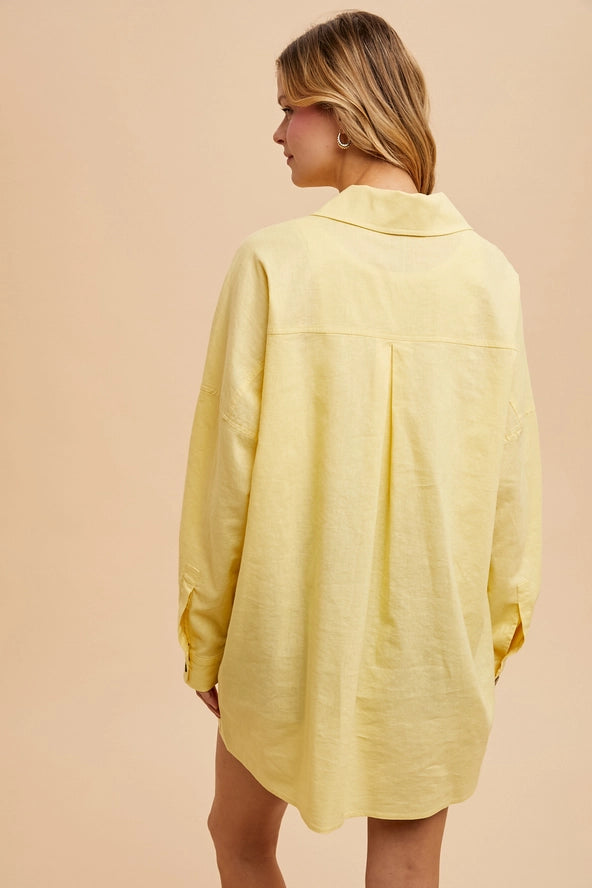 Calabasas Linen Blend Butter Yellow Oversized Button Down