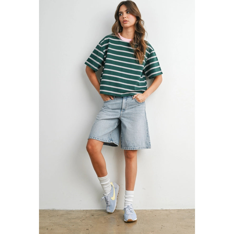 Prep School 100% Cotton Stripe Contrast Ribbed Tee