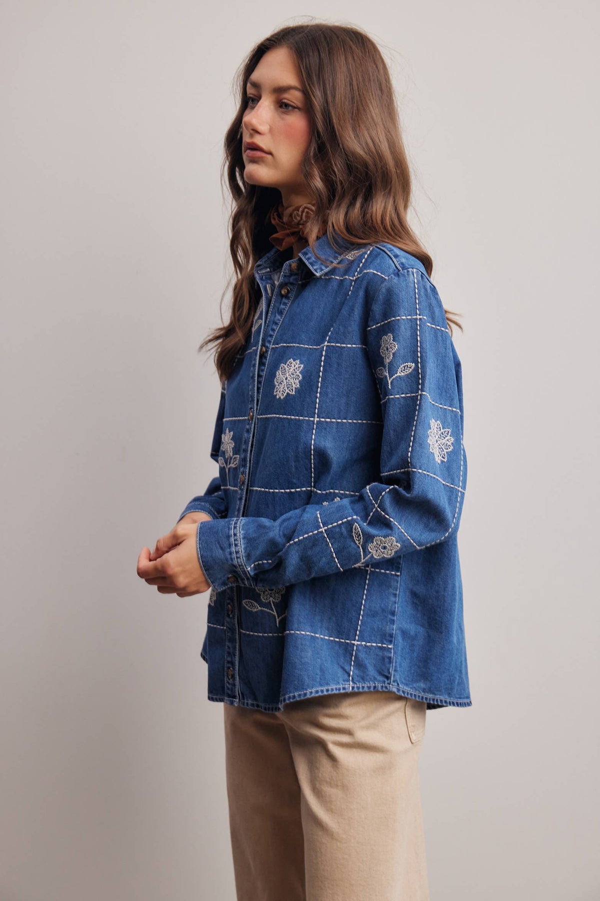 Wildflower 100% Cotton Stitched Denim Button Down