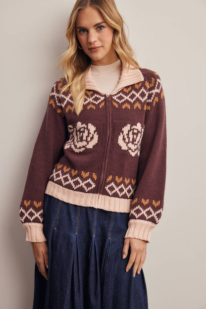 Fraulein Cotton Blend Floral Fair Isle Zip Cardigan Sweater