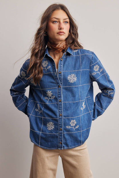 Wildflower 100% Cotton Stitched Denim Button Down
