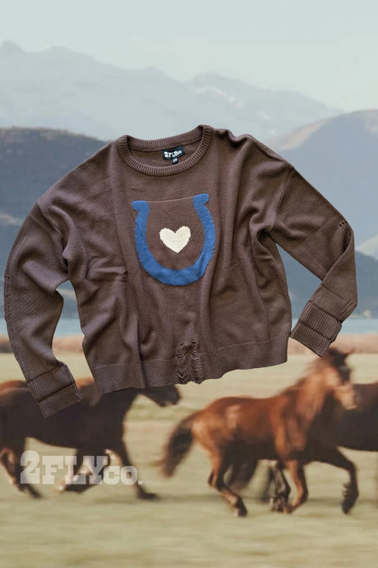 Love + Luck Horseshoe Cotton Blend Distressed Sweater
