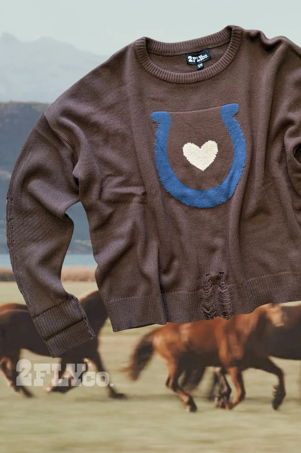 Love + Luck Horseshoe Cotton Blend Distressed Sweater