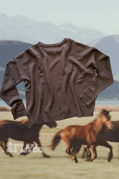 Love + Luck Horseshoe Cotton Blend Distressed Sweater