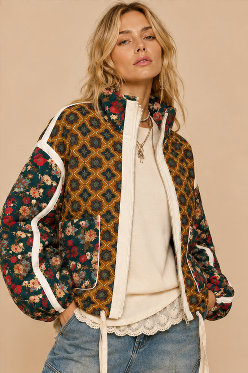 Quinn Cotton Blend Patchwork Quilted Bomber Jacket