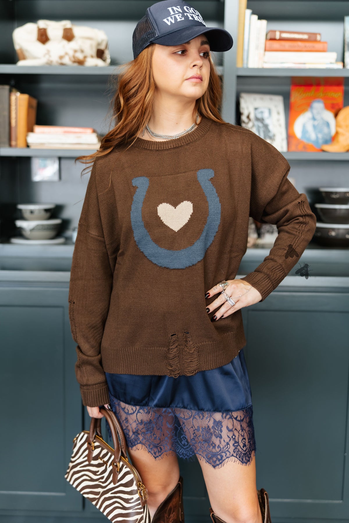 Love + Luck Horseshoe Cotton Blend Distressed Sweater